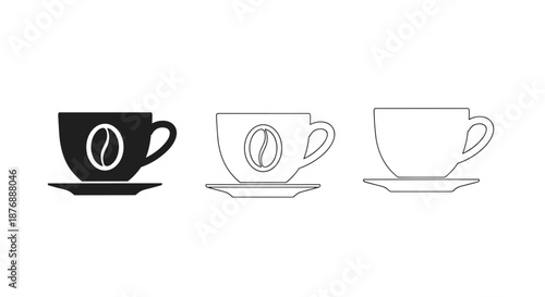 Trio of coffee cup icons including a solid black version, an outline with a bean, and a simple outline for cafe menus.
