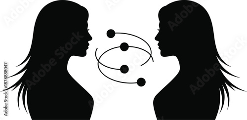 Women face to face silhouettes, communication concept with speech bubbles, dialogue and conversation symbol, black vector illustration isolated.
