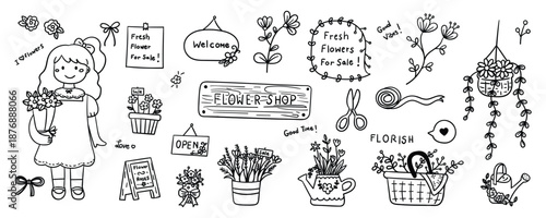 Set of hand drawn flower shop element line doodle. Illustration vector design.
