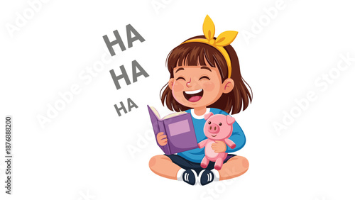 Joyful Girl Reading a Book, Laughing Happily