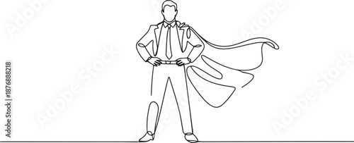 Single one line drawing businessman wearing superhero cloak. Full length of businessman dressed as superhero. Successful businessman superhero in cloak. one line Icon drawing