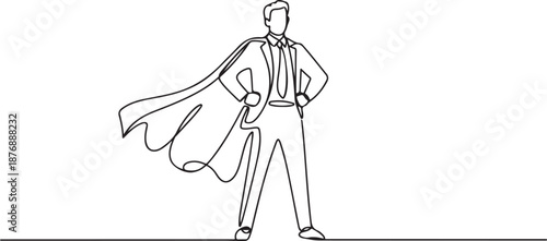 Single one line drawing businessman wearing superhero cloak. Full length of businessman dressed as superhero. Successful businessman superhero in cloak. one line Icon drawing