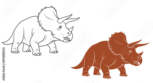 Triceratops dinosaur shown in a detailed black line drawing alongside a solid terracotta brown silhouette on white.