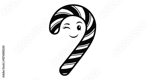 Charming Striped Candy Cane Character Winking Playfully, a Sweet and Festive Holiday Treat Icon in Adorable Black and White Vector Illustration