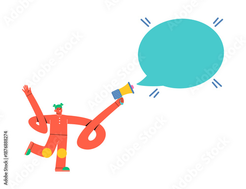 Woman holding a megaphone with speech bubbles. Colorful vector illustration