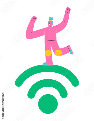 Woman standing on wifi. Concept wireless communication. Colorful vector illustration