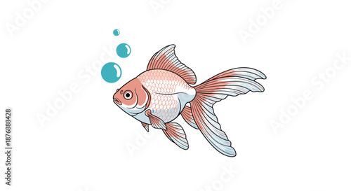 Detailed illustration of a pink and white goldfish swimming with blue air bubbles in the water on a white background.
