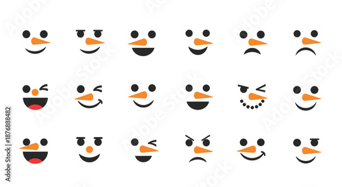 Grid of eighteen different snowman facial expressions using carrot noses and simple eye and mouth shapes for winter.