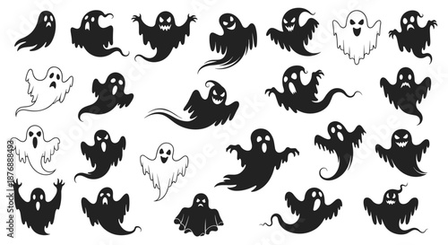 Large collection of diverse black ghost silhouettes in various spooky and funny flying poses for Halloween designs.