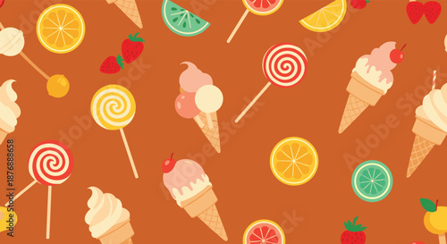 Sweet treat seamless pattern featuring colorful lollipops, ice cream cones, and fruit slices on a warm brown background.