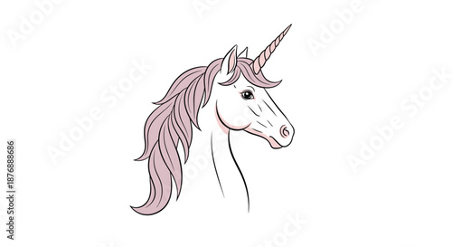 Elegant illustration of a white unicorn head with a long flowing pink mane and a spiral horn on a white background.