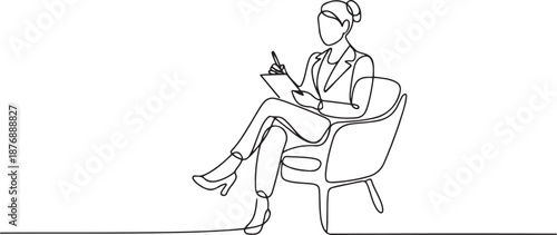 Single continuous line drawing businesswoman with clipboard. Female executive sitting in armchair. Woman taking notes. Psychology consultation. one line Icon drawing