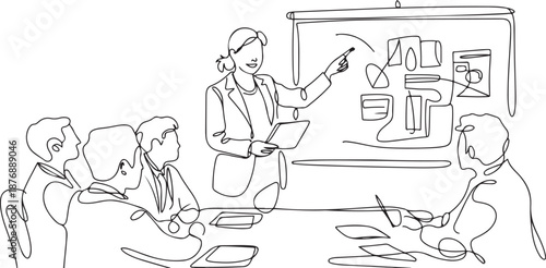One single line drawing of young happy female CEO presenting new technology innovation to the members at the office. Startup work life. Concept. one line Icon drawing