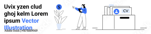 Woman pointing to dollar sign above plant and filing CVs in storage drawer. Ideal for job search, talent recruitment, career growth, human resources, resume organization, personal finance, simple