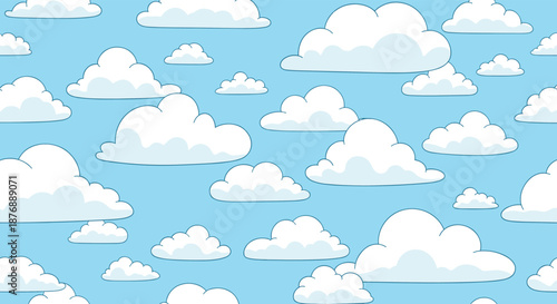 Peaceful seamless pattern featuring fluffy white cartoon clouds of various sizes floating in a bright blue sky.