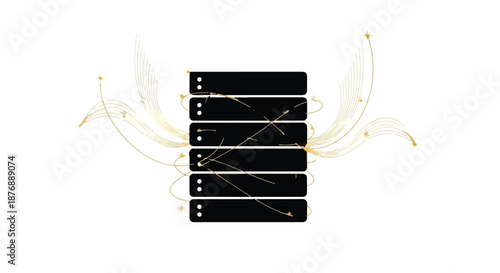 Modern server rack with flowing abstract golden lines suggesting connectivity and data flow.