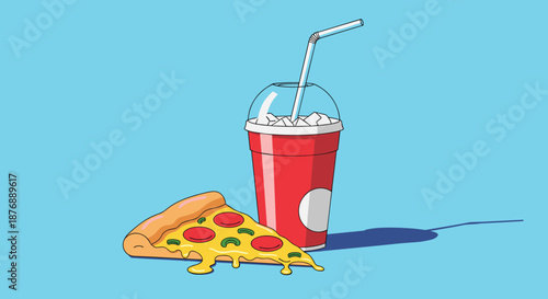 Slice of pepperoni pizza with melting cheese next to a red cup of iced soda with a straw on a bright blue background with shadow.