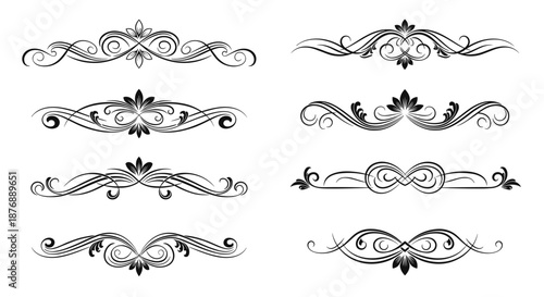 Collection of ornate black horizontal dividers and borders for professional document styling, wedding invitations, and certificates.