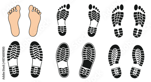 Diverse collection of human footprints showing bare feet and various textured shoe sole patterns in black silhouettes.