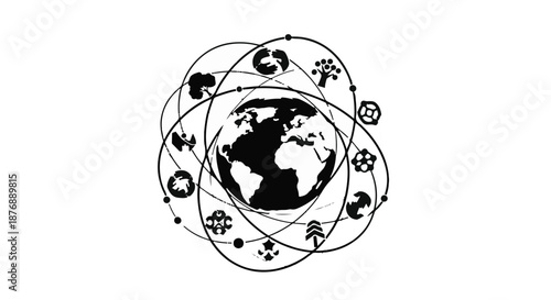 Abstract representation of global connections and diverse ecosystems orbiting the Earth.