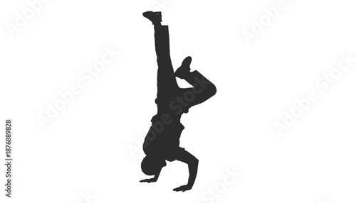 A person performing a handstand with one leg extended upwards in a black silhouette against a white background