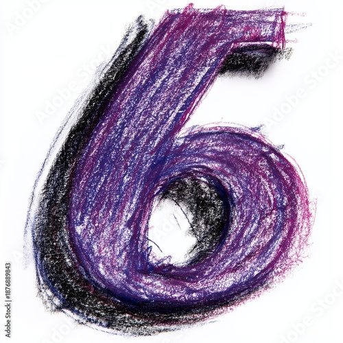 Hand-Drawn Number 6 in Purple and Black Crayon