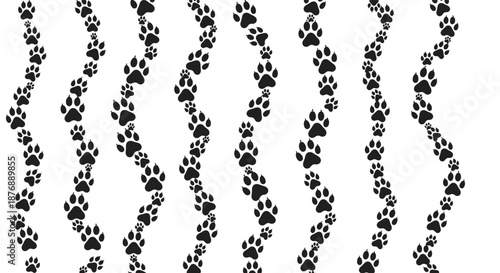 Wavy vertical lines of black animal paw prints representing cat or dog tracks on a plain white background for pet themes.