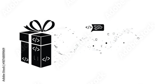 Surprise gift box with programming code symbols and abstract elements, symbolizing digital surprises and coding creativity