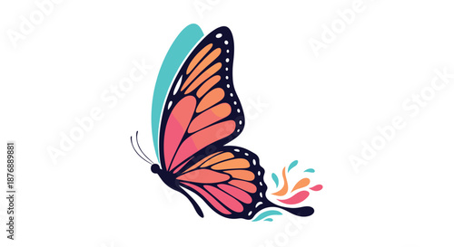 Artistic illustration of a monarch butterfly with vibrant orange wings and decorative teal and pink color splashes.