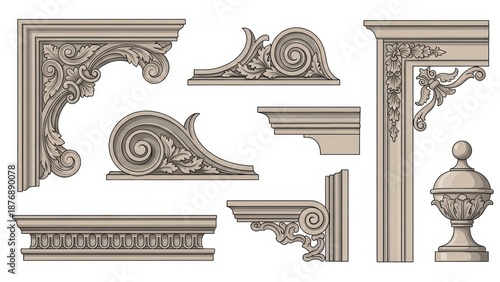 Set of classic architectural decorative elements corbel molding cornice column capital ornament baroque style