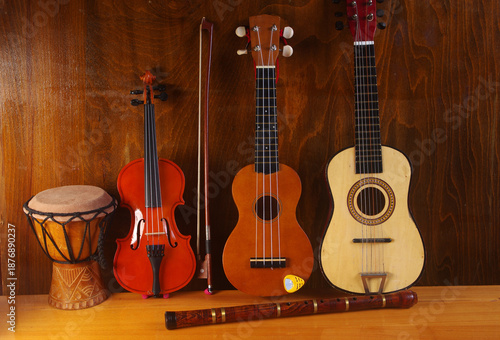 Musical instruments on a textured background.