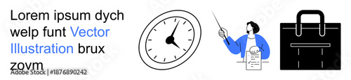 Business, time management, organization, presentations, scheduling, work tasks. Illustrations include a clock, a person presenting and a briefcase. Business and time management concepts