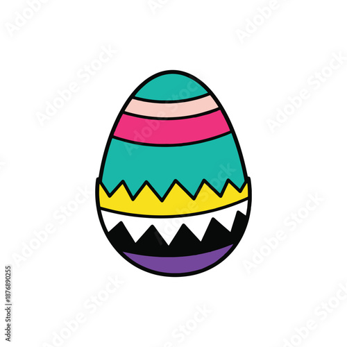A brightly colored hand drawn easter egg with zigzag and horizontal stripes in pink teal yellow black purple and white hues on a plain white background