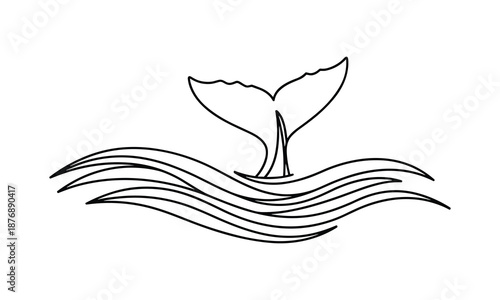 Whale tail fluke rising from sea water continuous line drawing simple minimal vector logo art