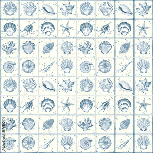 Cuadro en lienzo Watercolor sea shell traditional delft tiles seamless pattern