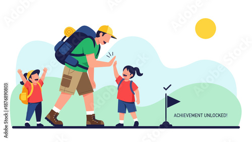 Hiking Family Celebrates Achieving Goal With High Five On Sunny Day Trip