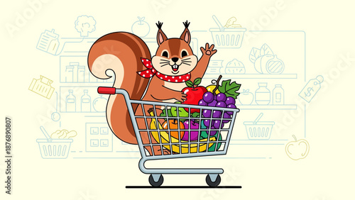 Happy Squirrel With Shopping Cart Full Of Fresh Produce At The Grocery Store