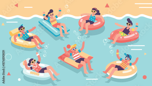 Happy Summer People Floating On Inflatable Toys Relaxing In The Water