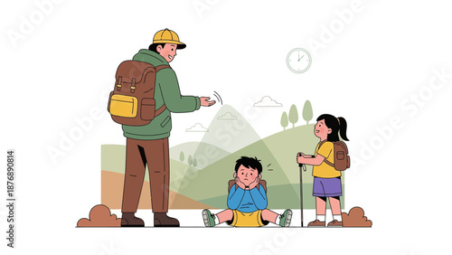 Hiking Fatigue During Family Adventure Time On The Mountain Trail Expedition