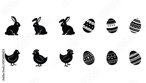 Easter themed clip art of bunnies and chickens with decorated eggs