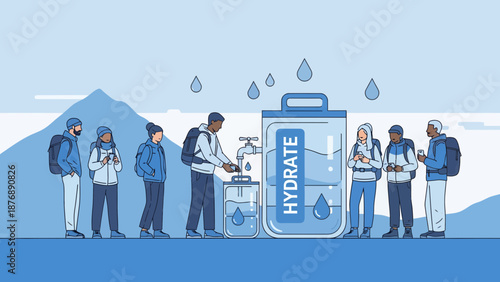 Hiking Group Refilling Water At Mountain Spring For Outdoor Adventure Trek