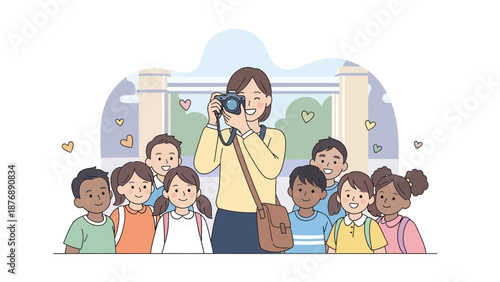 Happy Teacher Capturing Memories With Her Students On A School Outing
