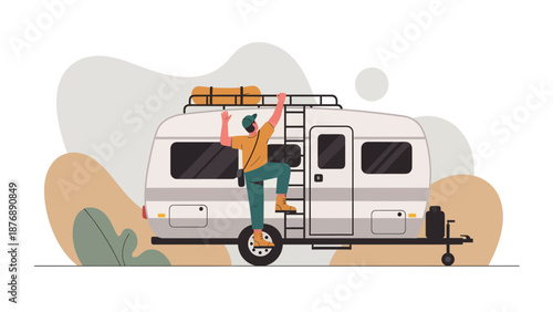 Happy Tourist Ascending Ladder Of Camping Trailer For Adventure Trip Illustration