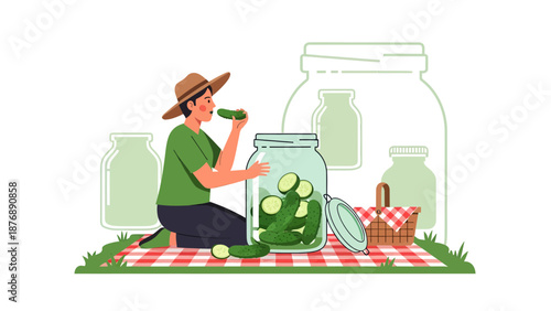 Homemade Pickles Season Picnic Scene With A Man Tasting Cucumber On The Blanket
