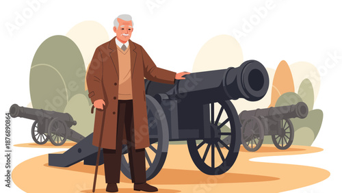 Historical Recollection Senior Gentleman Beside Cannon at Battlefield Memorial