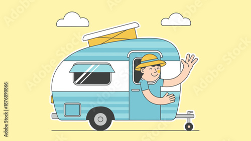 Happy Traveler Waving Hand From Cute Retro Caravan Road Trip Adventure Illustration