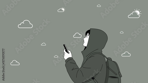 Hooded Figure Contemplates Cloudy Sky While Holding Smartphone Abstract Monochrome