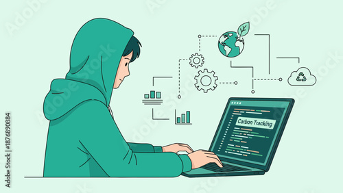 Hooded Figure Coding Carbon Tracking Software On Laptop For Environmental Projects