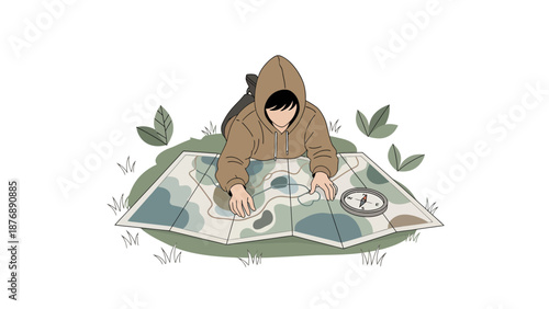 Hooded Person Navigating Wilderness With Map And Compass Laying On Grassy Patch