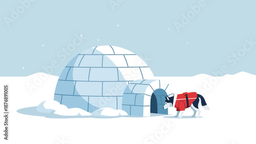 Husky Exploring Igloo In Snowy Arctic Landscape Against Pale Blue Backdrop